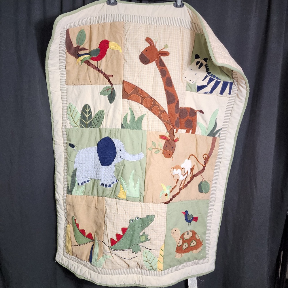Kidsline Jungle Safari Baby Quilt Patchwork Animal Applique Sage Green 36x45